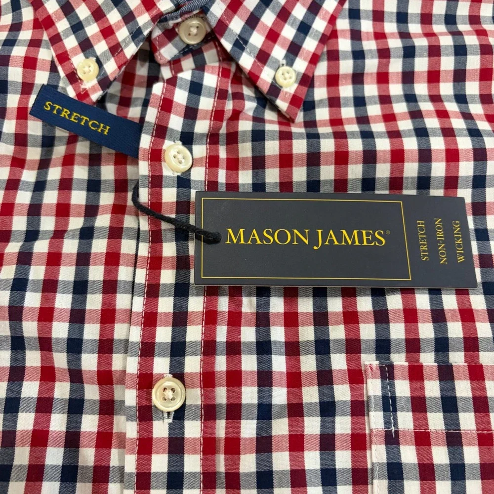 Mason James Mens XXL Red White Blue Gingham Stretch Non-Iron Wicking Shirt NWT - Picture 3 of 7